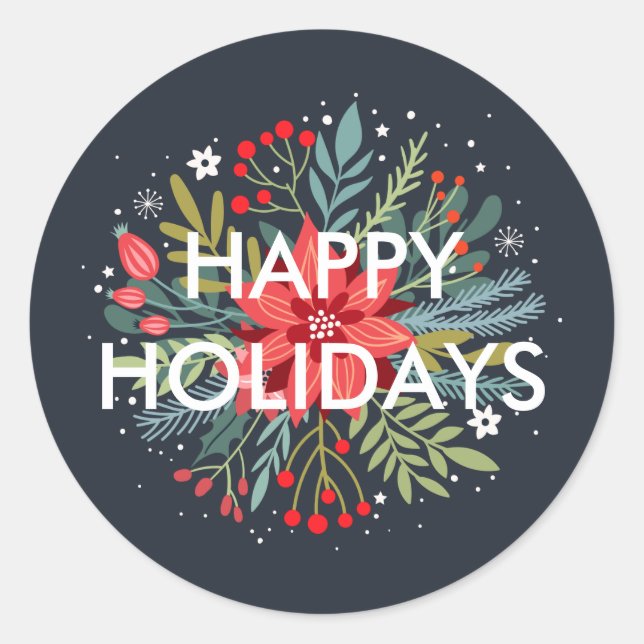 Happy Holidays Floral Poinsettia Bouquet Classic Round Sticker (Front)