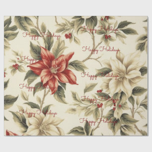 Happy Holidays Floral White Crimson Christmas Wrapping Paper