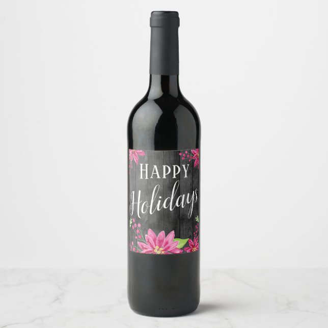 Happy Holidays Floral Wood Country Wine Label (Front)