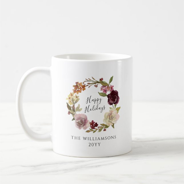 Happy Holidays Floral Wreath Family Name Coffee Mug (Left)