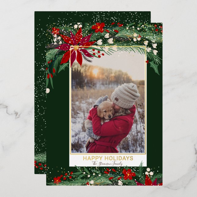 Happy holidays floral wreath snow photo foil holiday card (Front/Back)