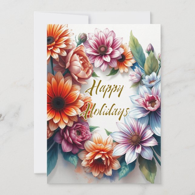 Happy Holidays Flowers Watercolor Merry Christmas Holiday Card (Front)