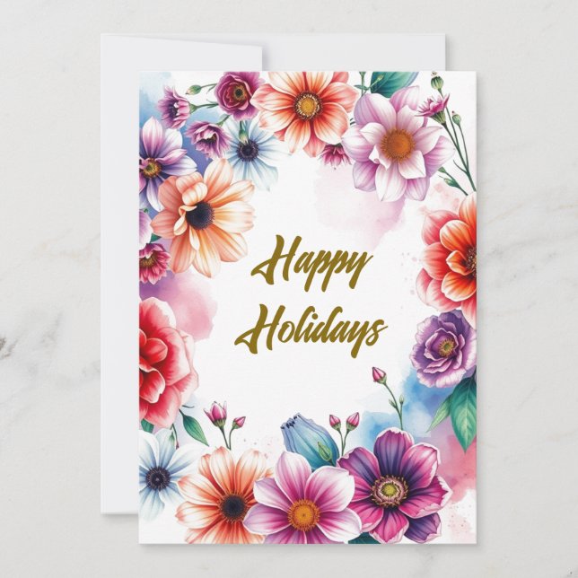 Happy Holidays Flowers Watercolor Merry Christmas Holiday Card (Front)
