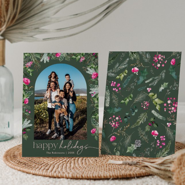 Happy Holidays Forest Green & Pink Botanical Arch Holiday Card (Creator Uploaded)