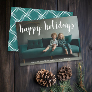 Happy Holidays Full Photo Simple Script Blue Holiday Card