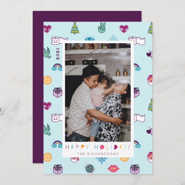 Happy Holidays Fun Christmas Emoji Pattern Photo Holiday Card (Front/Back)