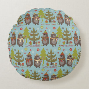 Happy Holidays Funny Christmas Bears Round Cushion