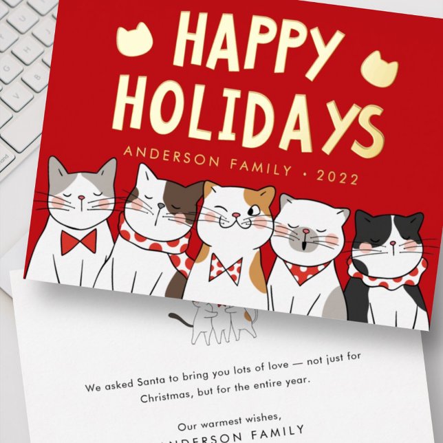 Happy Holidays Funny Cute Cats Caroling Foil Holiday Card (Creator Uploaded)