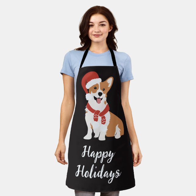 Happy Holidays Funny Cute Christmas dog Red Black Apron (Worn)