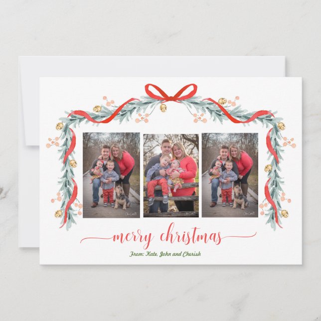 Happy Holidays Garland Bell 3 Photo Christmas Card (Front)
