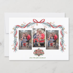 Happy Holidays Garland Bell 3 Photo Christmas Card