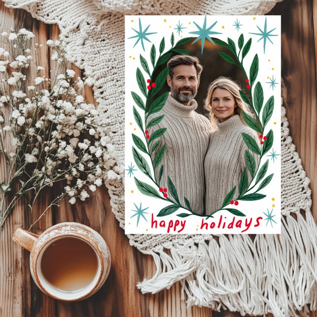 Happy Holidays Garland CUSTOM PHOTO Christmas Holiday Card (Happy Holidays Garland hand Drawn CUSTOM PHOTO Christmas Holiday Card
)