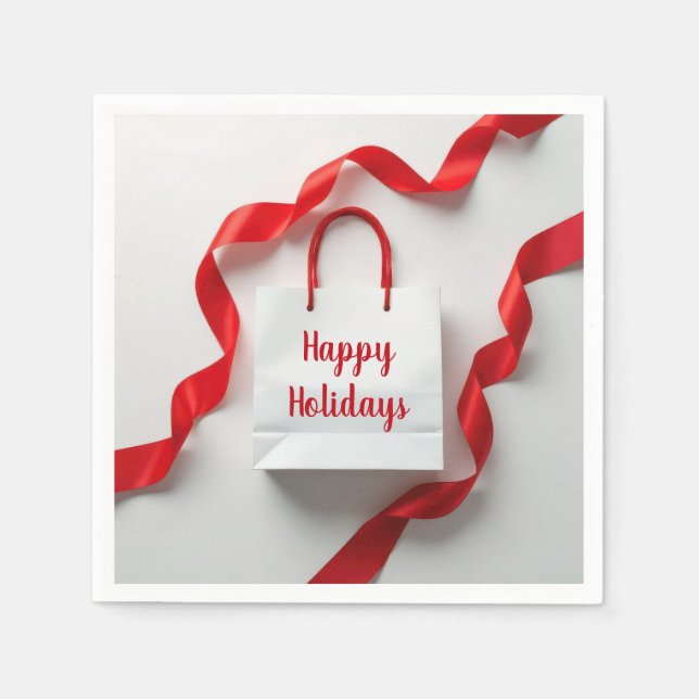 Happy Holidays Gift Bag With Red Ribbons Napkin (Front)