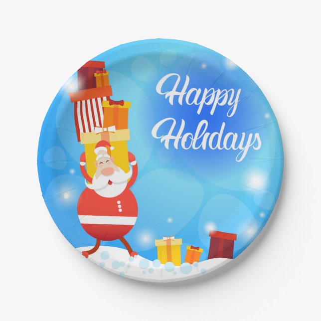 Happy Holidays Gift Carrying Santa | Christmas Paper Plate (Front)