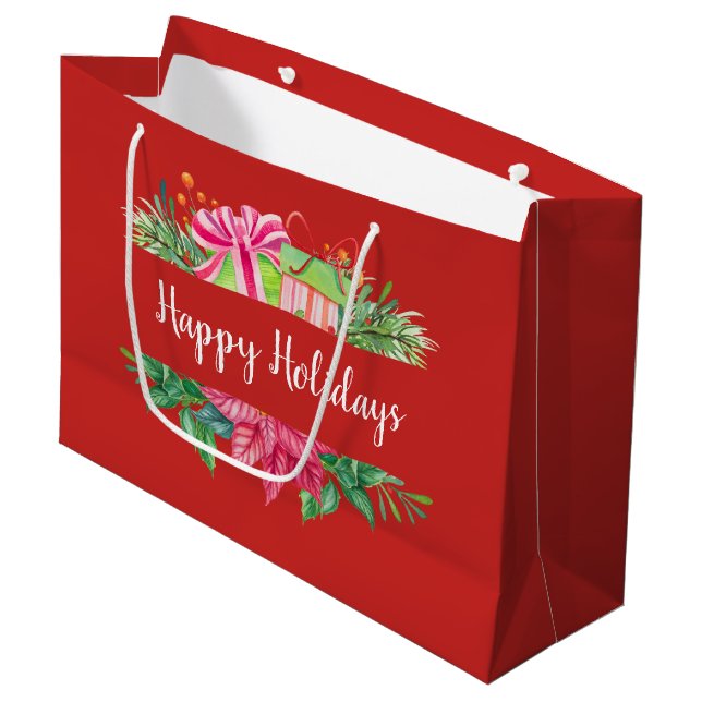 Happy Holidays Gifts And Evergreens Large Gift Bag (Front Angled)
