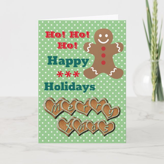 "Happy Holidays" Gingerbread and Green Polka Dot Holiday Card (Front)