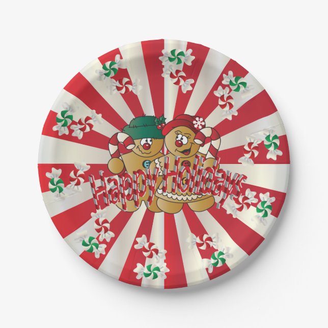 Happy Holidays Gingerbread Couple Paper Plate (Front)