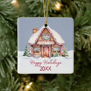 Happy Holidays Gingerbread House Ceramic Ornament