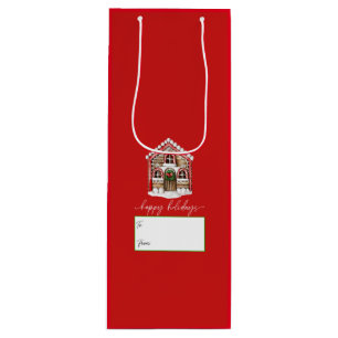 Happy Holidays Gingerbread House Christmas Red Wine Gift Bag