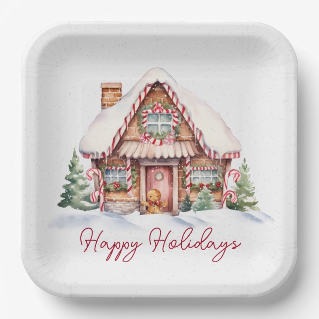 Happy Holidays Gingerbread House Paper Plate (Front)