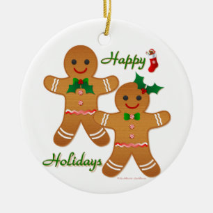 Happy Holidays Gingerbread Man Boy Girl Ceramic Tree Decoration