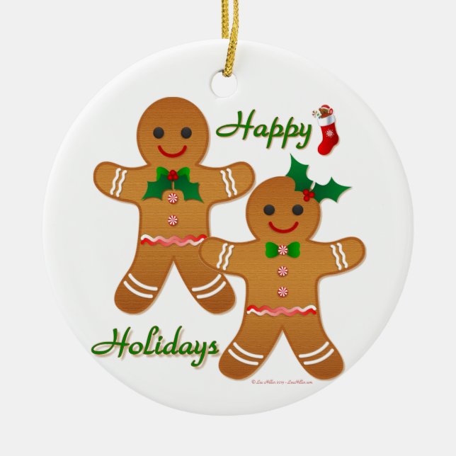 Happy Holidays Gingerbread Man Boy Girl Ceramic Tree Decoration (Front)
