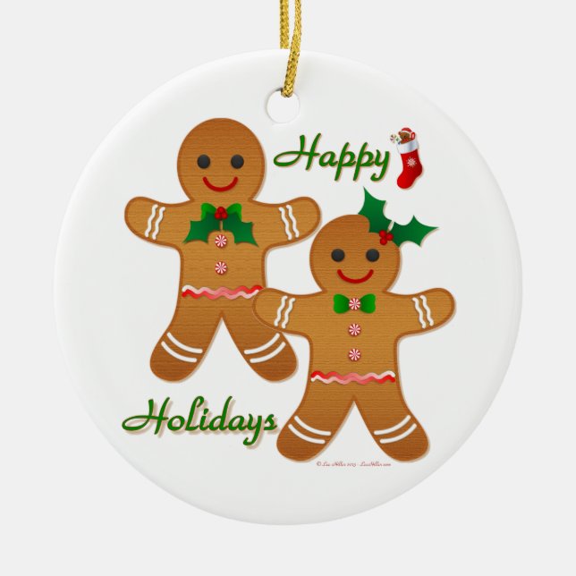 Happy Holidays Gingerbread Man Boy Girl Ceramic Tree Decoration (Front)