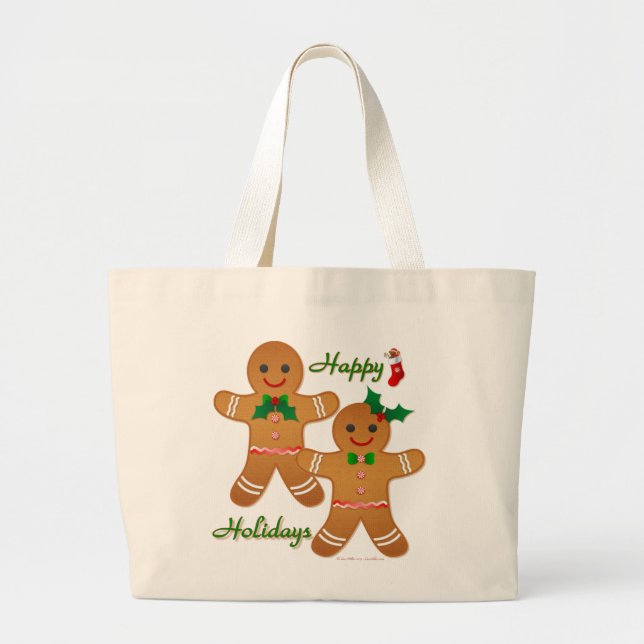 Happy Holidays Gingerbread Man Boy Girl Large Tote Bag (Front)