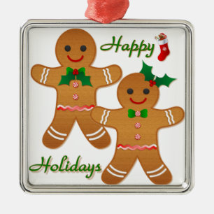 Happy Holidays Gingerbread Man Boy Girl Metal Tree Decoration
