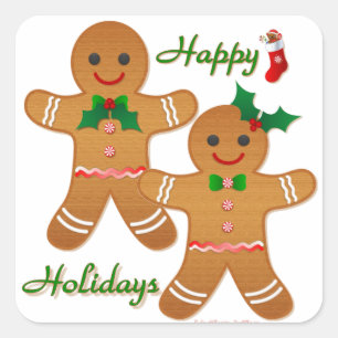 Happy Holidays Gingerbread Man Boy Girl Square Sticker