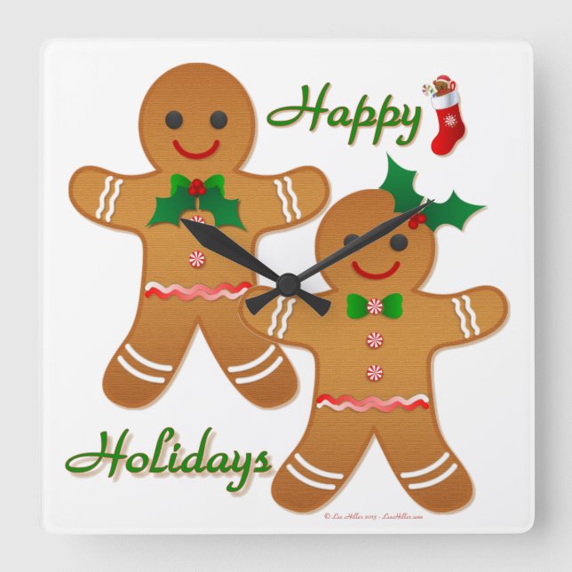 Happy Holidays Gingerbread Man Boy Girl Square Wall Clock (Front)