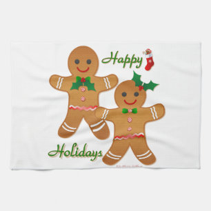Happy Holidays Gingerbread Man Boy Girl Tea Towel