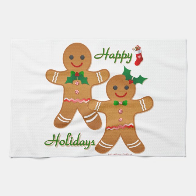 Happy Holidays Gingerbread Man Boy Girl Tea Towel (Horizontal)