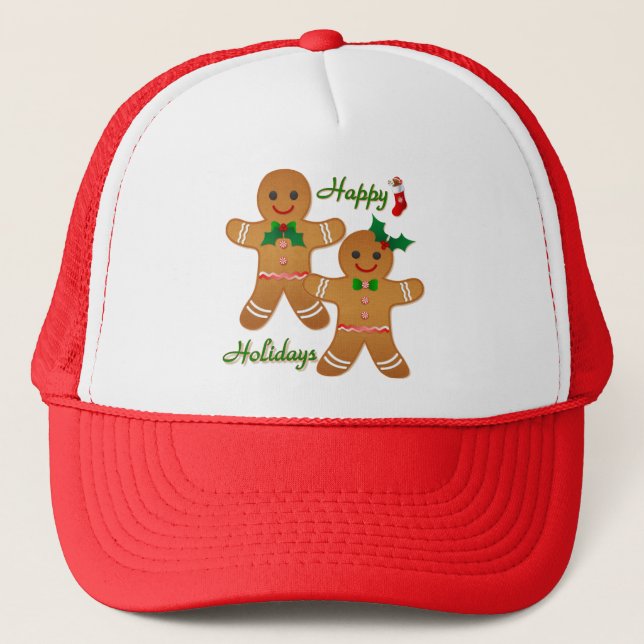 Happy Holidays Gingerbread Man Boy Girl Trucker Hat (Front)