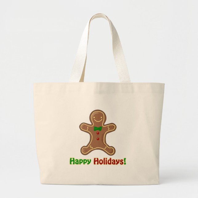 Happy Holidays Gingerbread Man Large Tote Bag (Front)