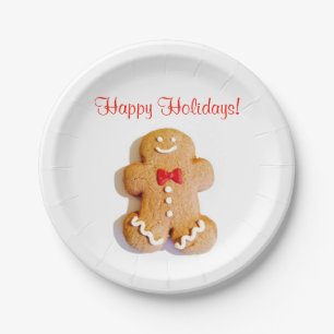 Happy Holidays Gingerbread Man Xmas Red Paper Plate