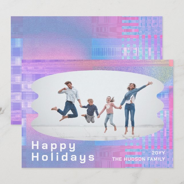 Happy Holidays Glitch Pink Trendy Photo Christmas Holiday Card (Front/Back)