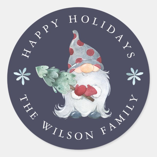 Happy Holidays Gnome Christmas Tree Classic Round Sticker (Front)