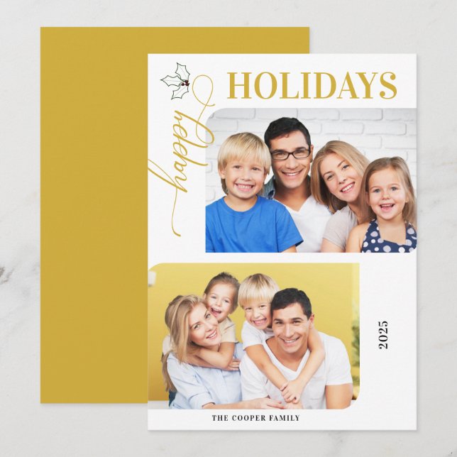 Happy Holidays Gold and White 2 Photos Holiday Car Card (Front/Back)