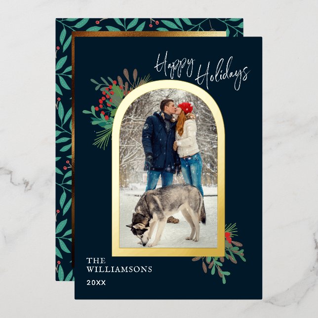 Happy Holidays Gold Arch Botanical Photo Family Foil Holiday Card (Front/Back)