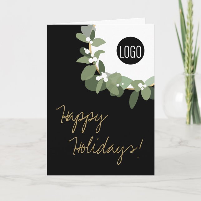 Happy Holidays Gold black Modern Wreath Your Logo  Holiday Card (Front)