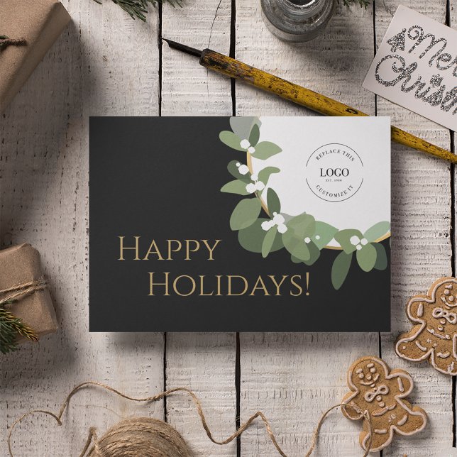 Happy Holidays Gold black Modern Wreath Your Logo  Holiday Card (Professional Happy Holidays custom logo modern green wreath on black.)