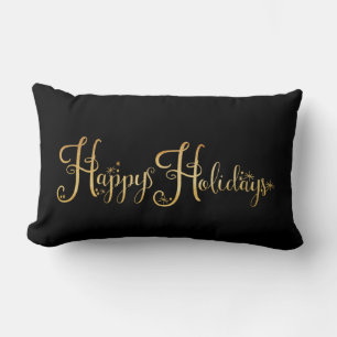 Happy Holidays Gold Black Script Elegant Holiday Lumbar Cushion