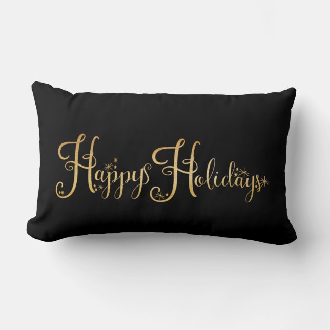 Happy Holidays Gold Black Script Elegant Holiday Lumbar Cushion (Front)
