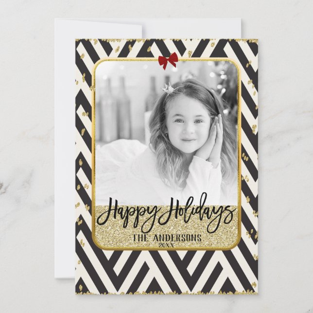 Happy Holidays Gold Black & White Modern Photo Holiday Card (Front)