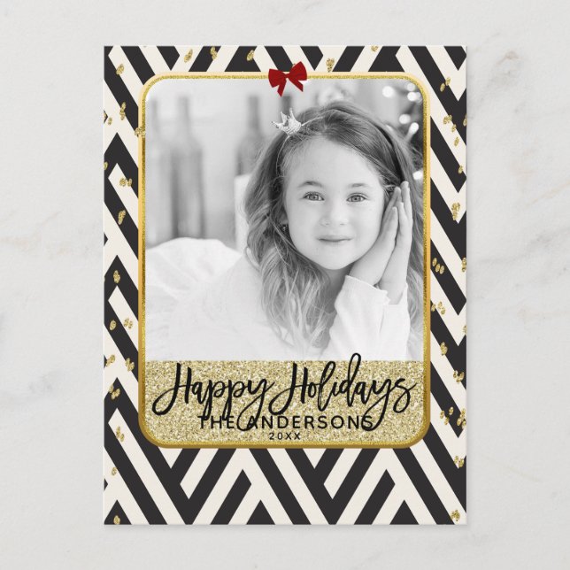 Happy Holidays Gold Black & White Modern Photo Holiday Postcard (Front)