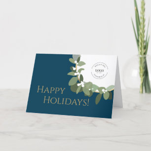 Happy Holidays Gold Blue Modern Wreath Your Logo Holiday Card