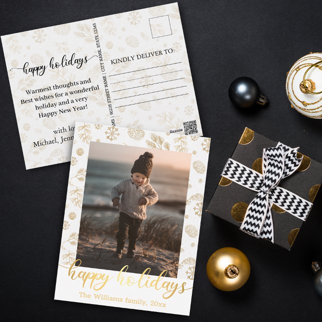 happy holidays, gold chic script holiday photo postcard (Creator Uploaded)