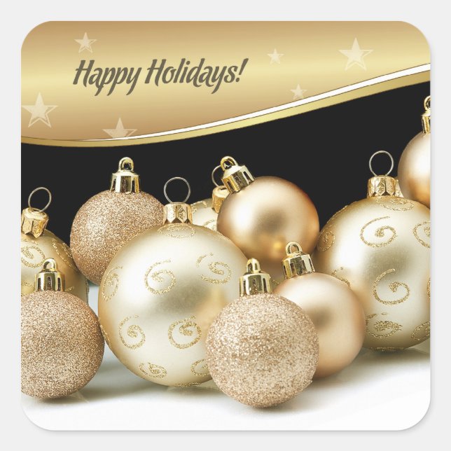 Happy Holidays. Gold Christmas Balls Square Sticker (Front)