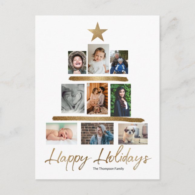 Happy Holidays Gold Christmas Tree Photo Collage Holiday Postcard (Front)